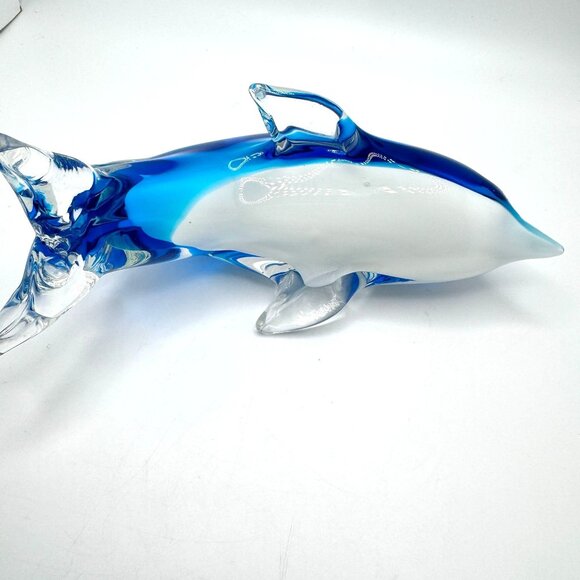 Hand Blown Art Glass Dolphin Figurine Clear Blue & White 6.25" Home Decor - Picture 6 of 7